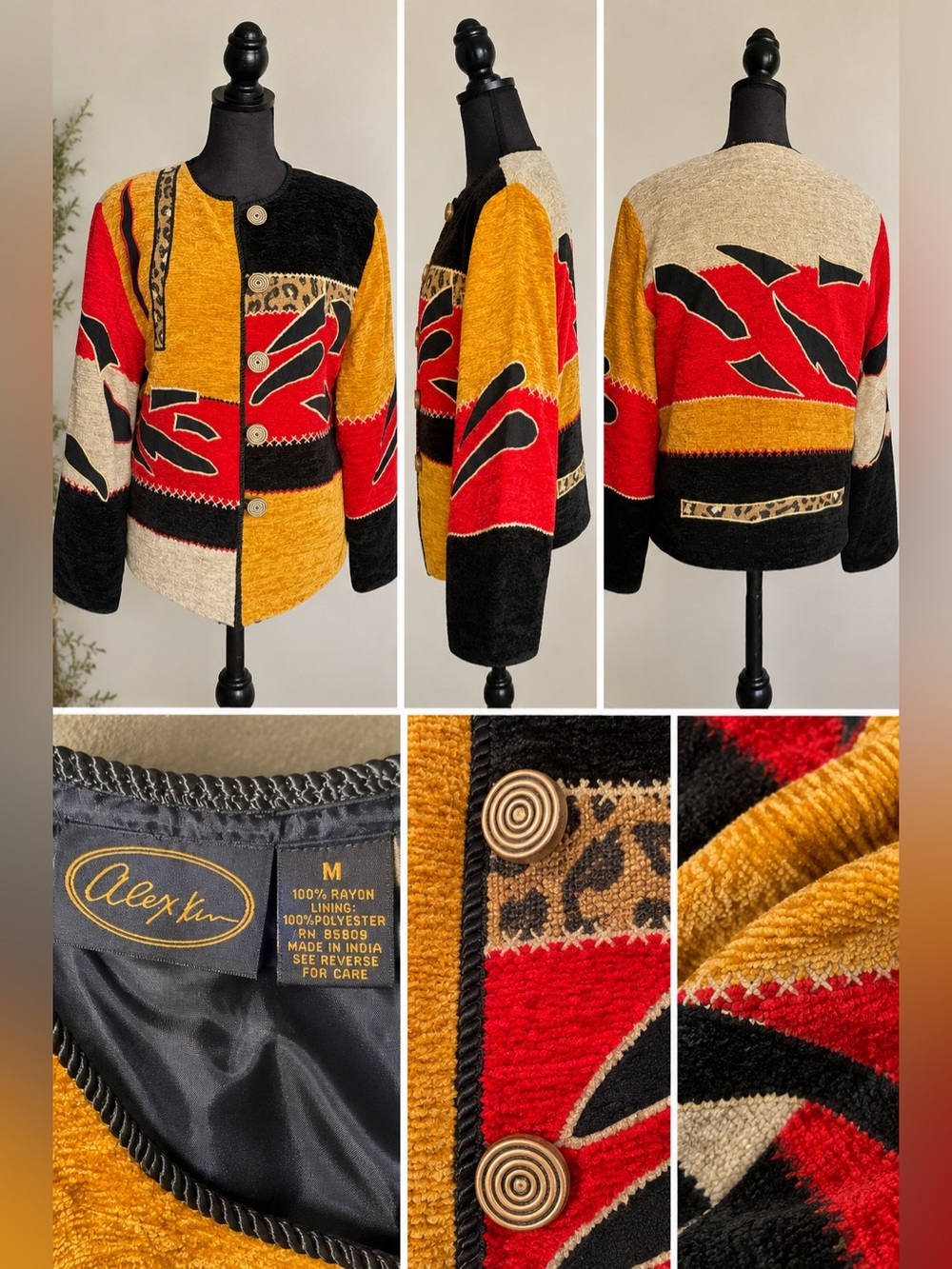 Vintage Alex Kim Patchwork Chenille Jacket M Abstract Animal Print 90s Artsy
